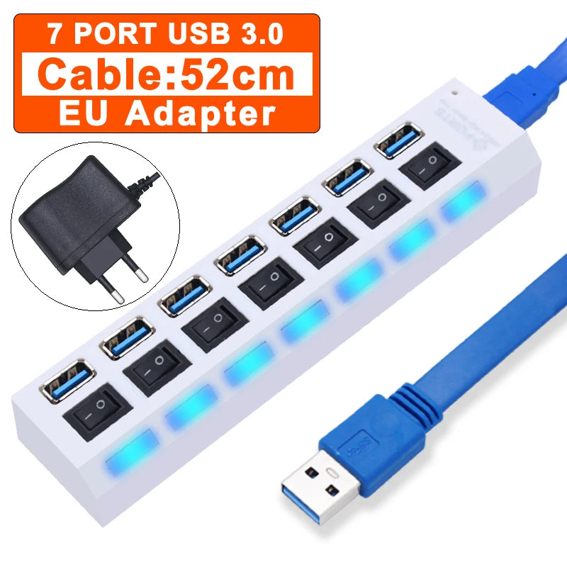Zaarafy™ USB Hub 3.0 Multi-Port Splitter – 4/7 Port with Individual Switches, Power Adapter
