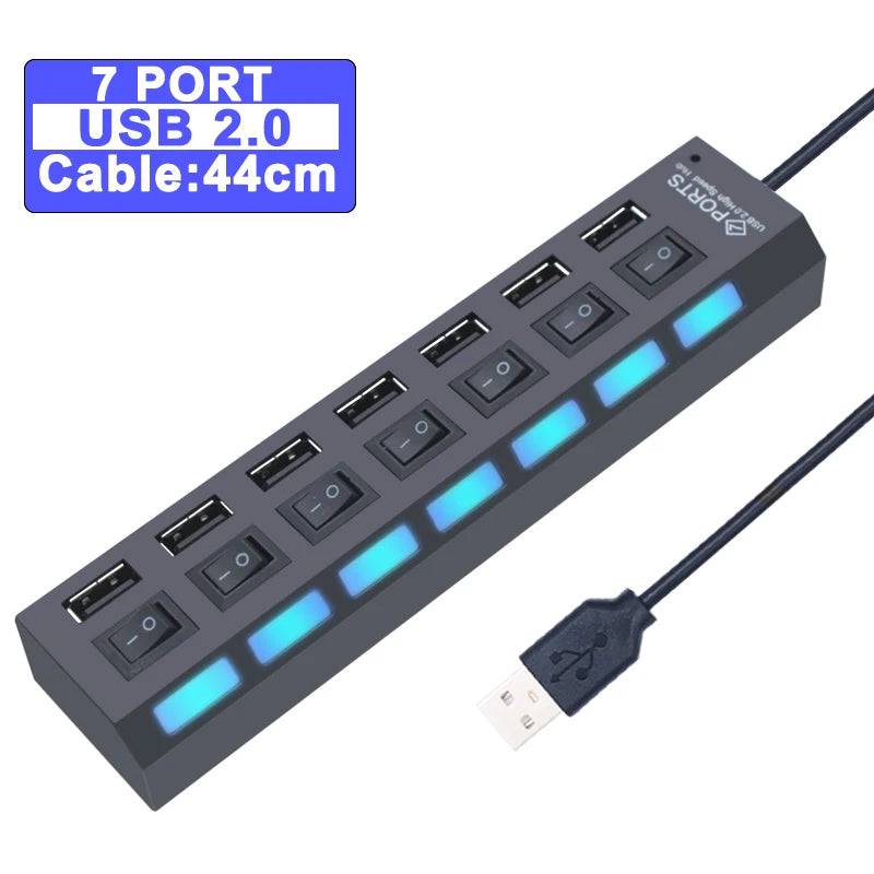 Zaarafy™ USB Hub 3.0 Multi-Port Splitter – 4/7 Port with Individual Switches, Power Adapter