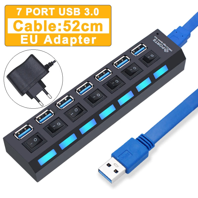 Zaarafy™ USB Hub 3.0 Multi-Port Splitter – 4/7 Port with Individual Switches, Power Adapter