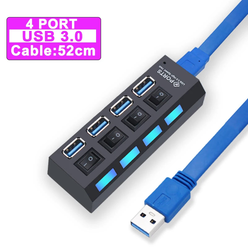 Zaarafy™ USB Hub 3.0 Multi-Port Splitter – 4/7 Port with Individual Switches, Power Adapter