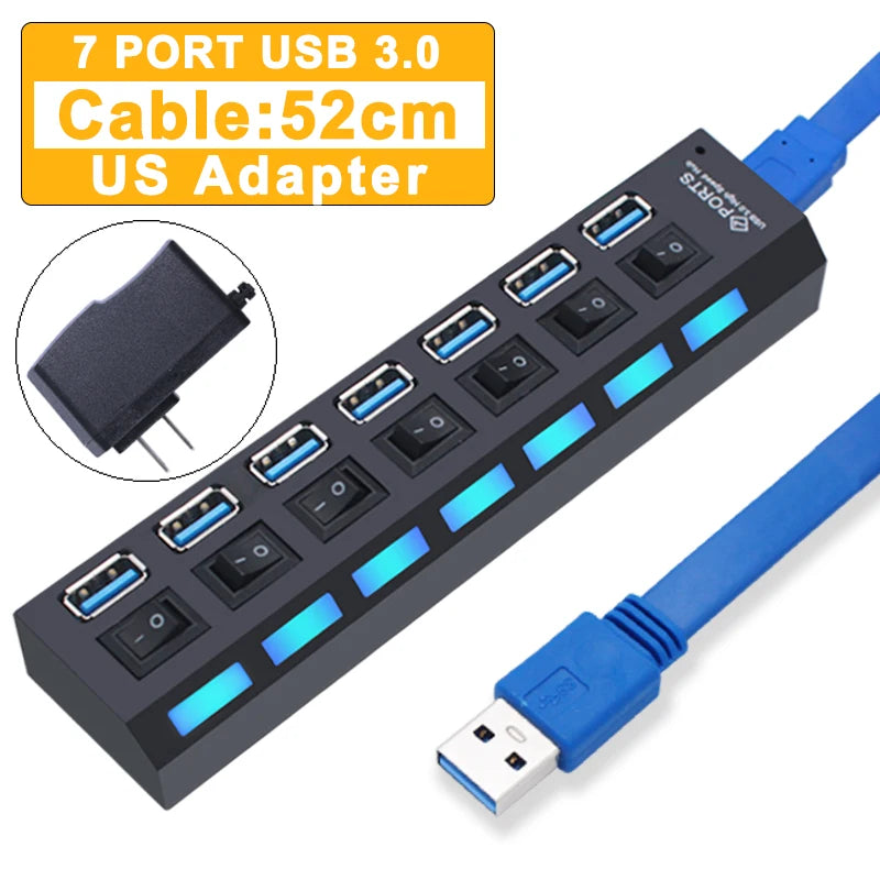 Zaarafy™ USB Hub 3.0 Multi-Port Splitter – 4/7 Port with Individual Switches, Power Adapter