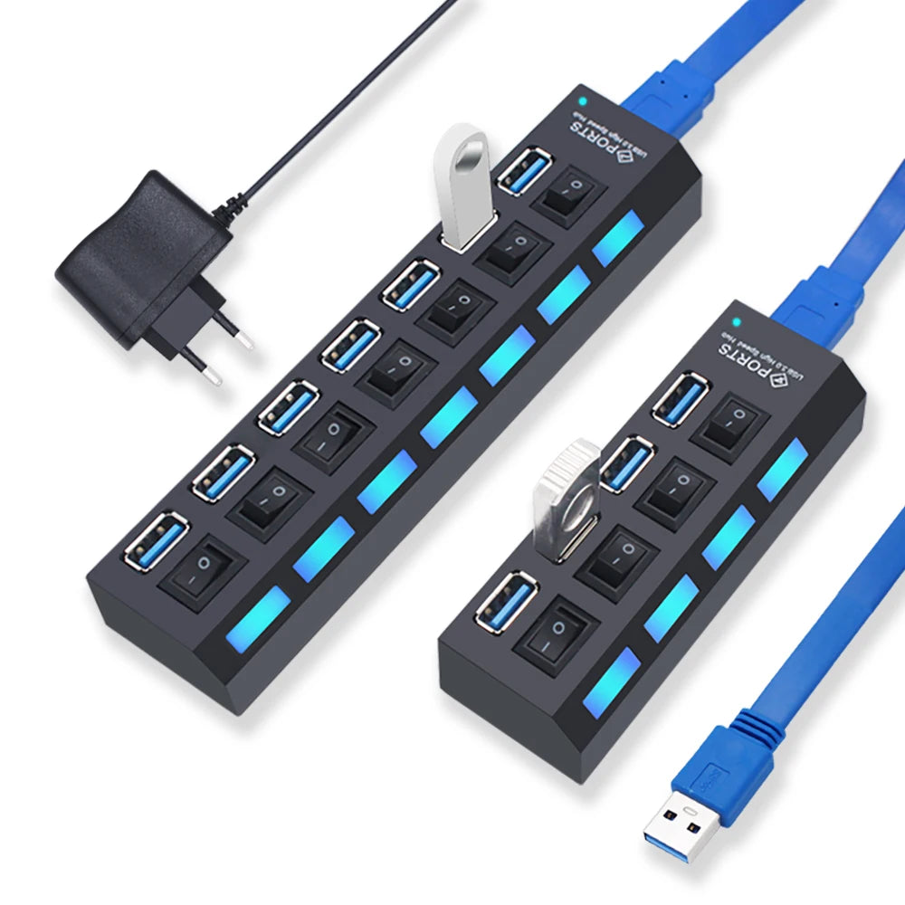Zaarafy™ USB Hub 3.0 Multi-Port Splitter – 4/7 Port with Individual Switches, Power Adapter