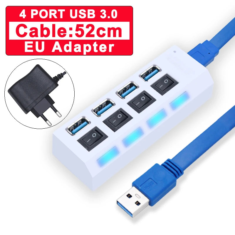 Zaarafy™ USB Hub 3.0 Multi-Port Splitter – 4/7 Port with Individual Switches, Power Adapter