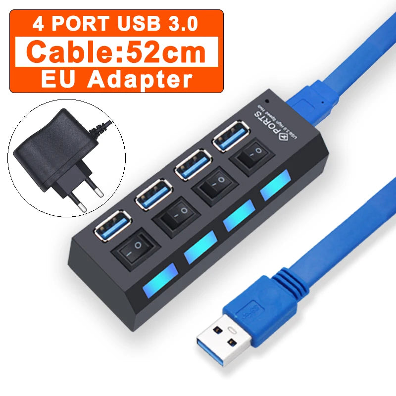 Zaarafy™ USB Hub 3.0 Multi-Port Splitter – 4/7 Port with Individual Switches, Power Adapter