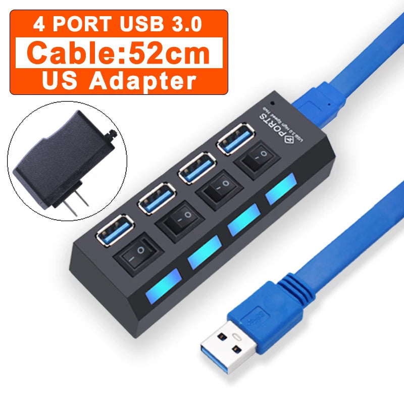 Zaarafy™ USB Hub 3.0 Multi-Port Splitter – 4/7 Port with Individual Switches, Power Adapter