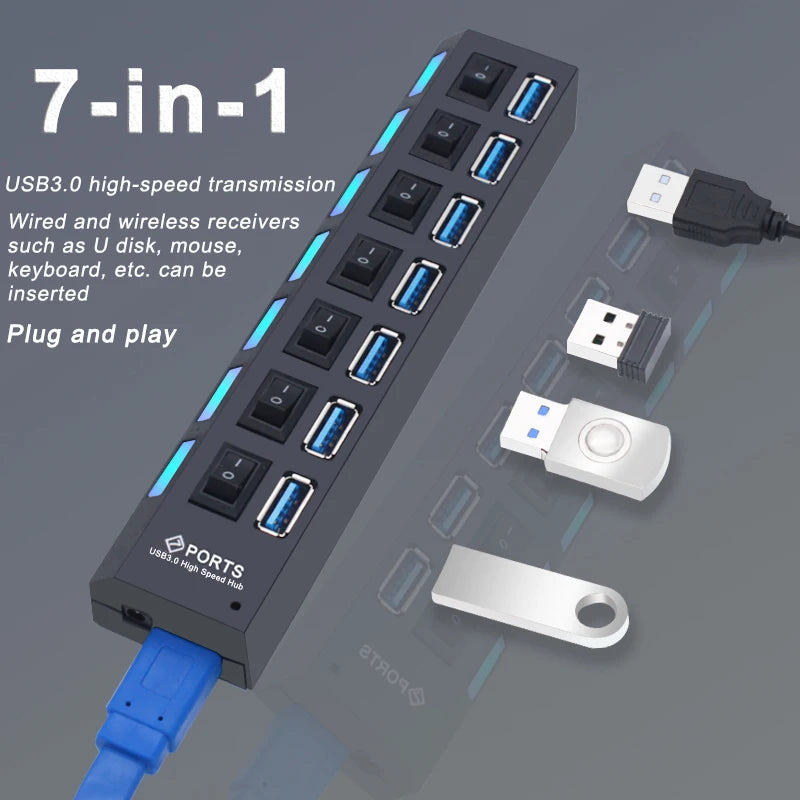 Zaarafy™ USB Hub 3.0 Multi-Port Splitter – 4/7 Port with Individual Switches, Power Adapter