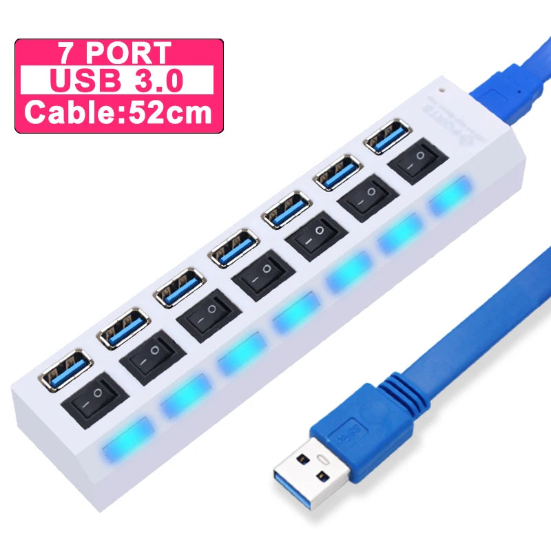 Zaarafy™ USB Hub 3.0 Multi-Port Splitter – 4/7 Port with Individual Switches, Power Adapter