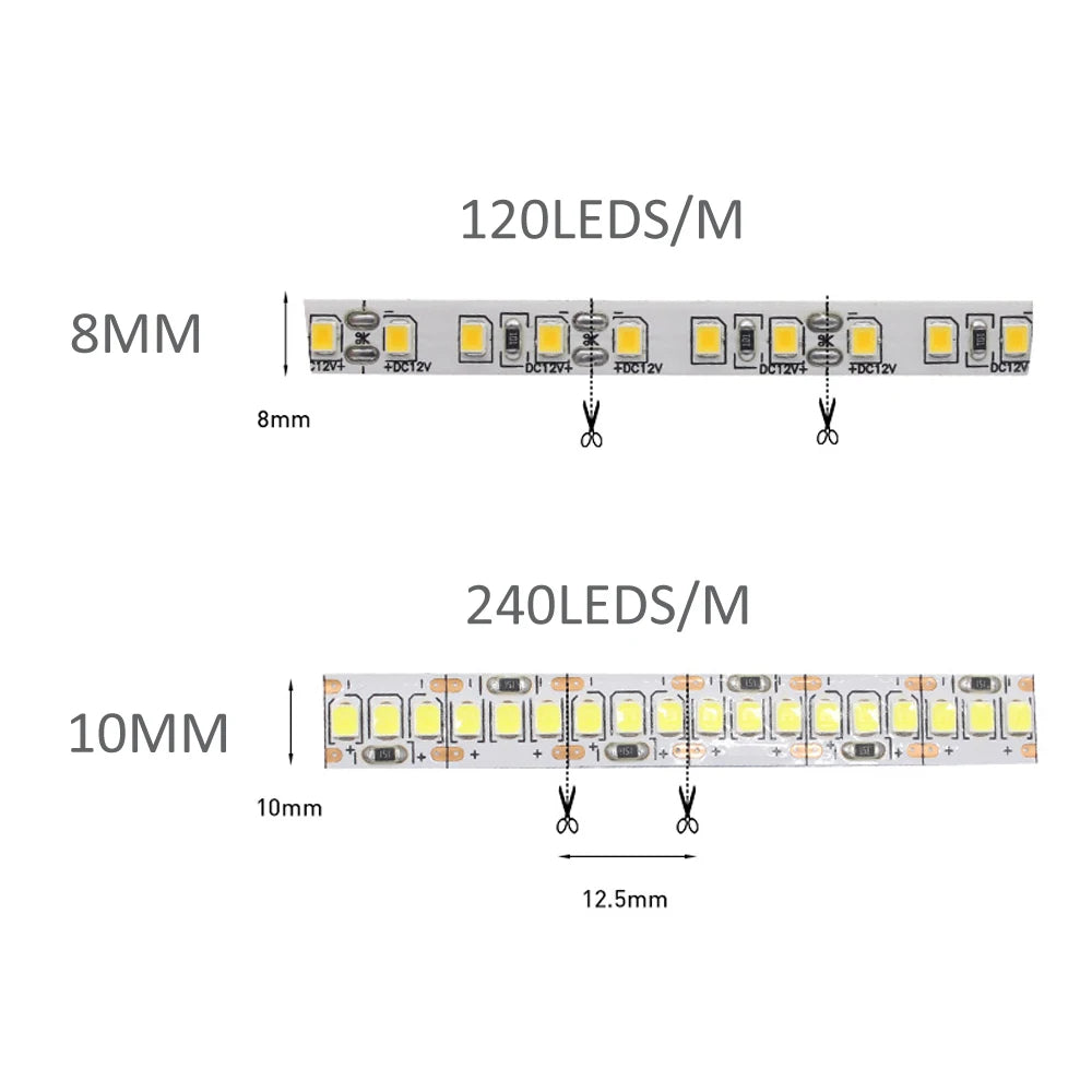 Zaarafy™ 12V SMD 2835 LED Strip Light – 120/240 LED/M, 1M-5M Warm White Flexible Ribbon