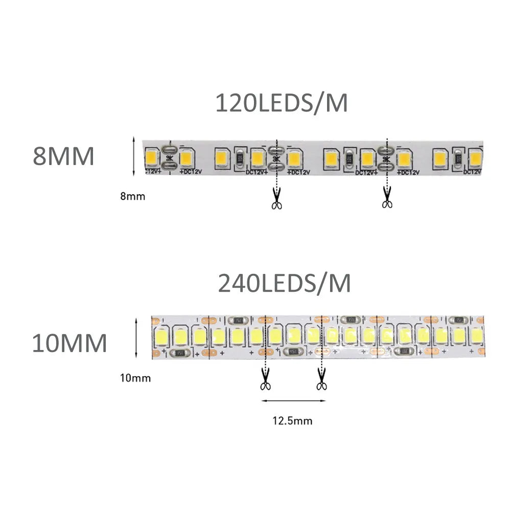 Zaarafy™ 12V SMD 2835 LED Strip Light – 120/240 LED/M, 1M-5M Warm White Flexible Ribbon