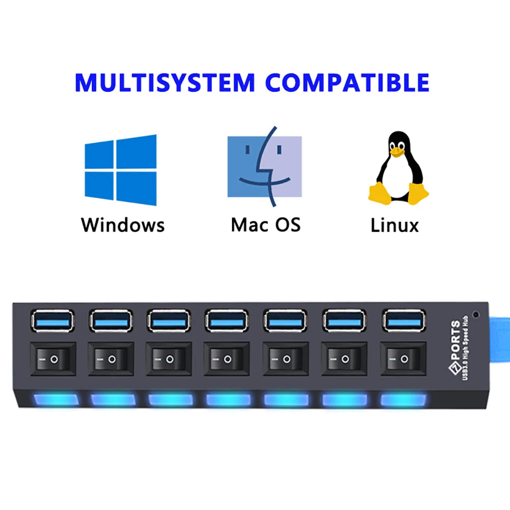 Zaarafy™ USB Hub 3.0 Multi-Port Splitter – 4/7 Port with Individual Switches, Power Adapter