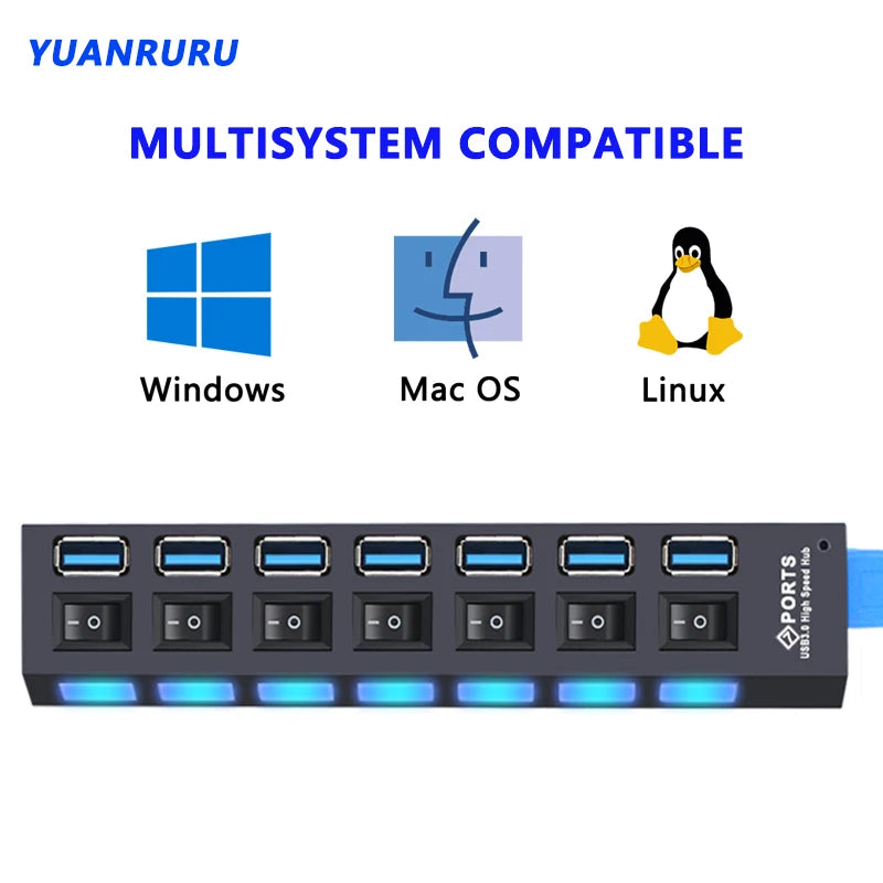 Zaarafy™ USB Hub 3.0 Multi-Port Splitter – 4/7 Port with Individual Switches, Power Adapter