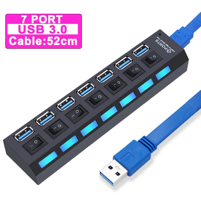 Zaarafy™ USB Hub 3.0 Multi-Port Splitter – 4/7 Port with Individual Switches, Power Adapter