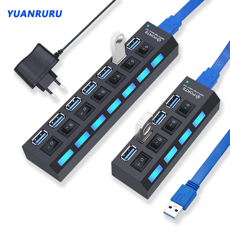 Zaarafy™ USB Hub 3.0 Multi-Port Splitter – 4/7 Port with Individual Switches, Power Adapter