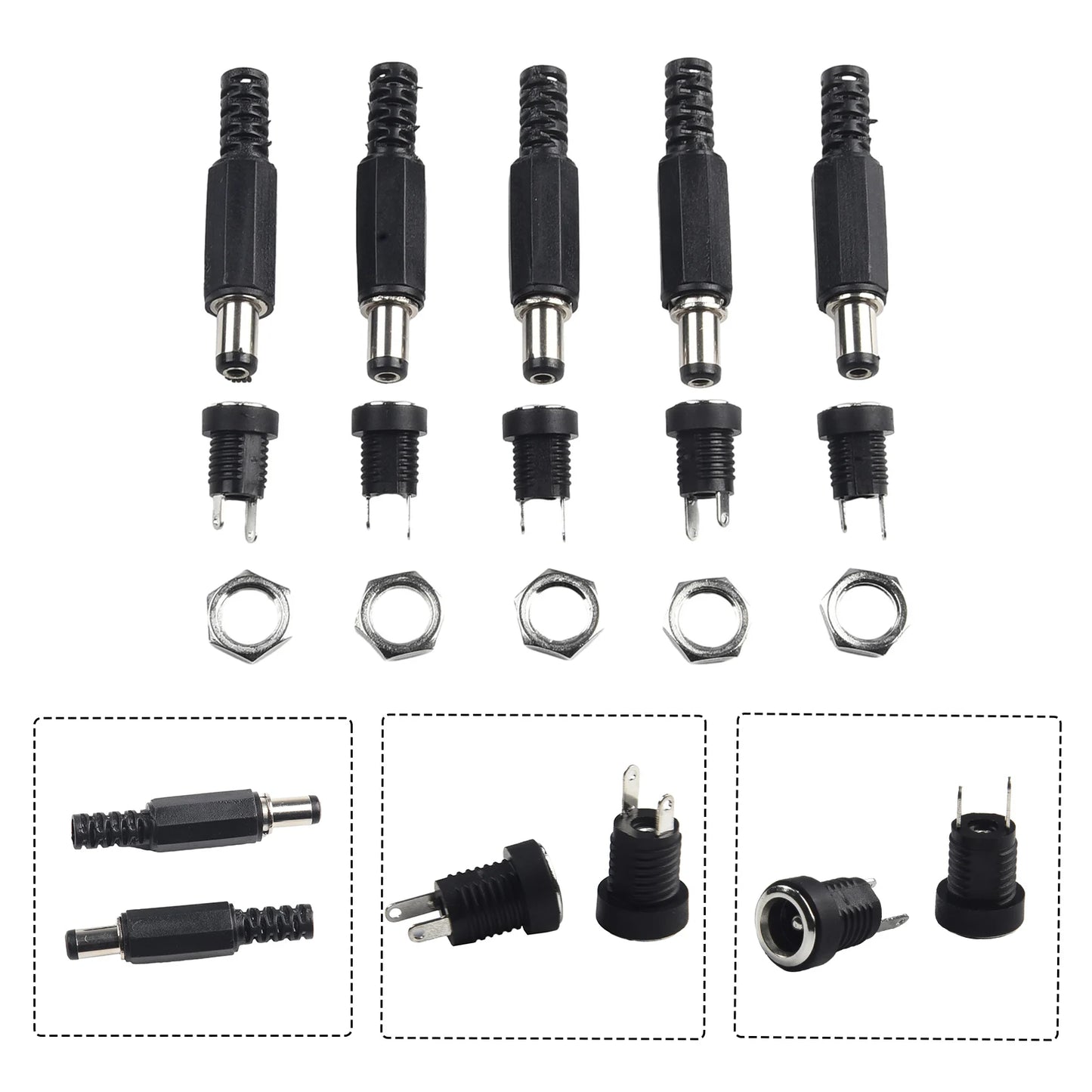 Zaarafy™ DC Power Connector Set – 5 Pairs 2.1mm x 5.5mm Male & Female Jack, 12V Panel Mount