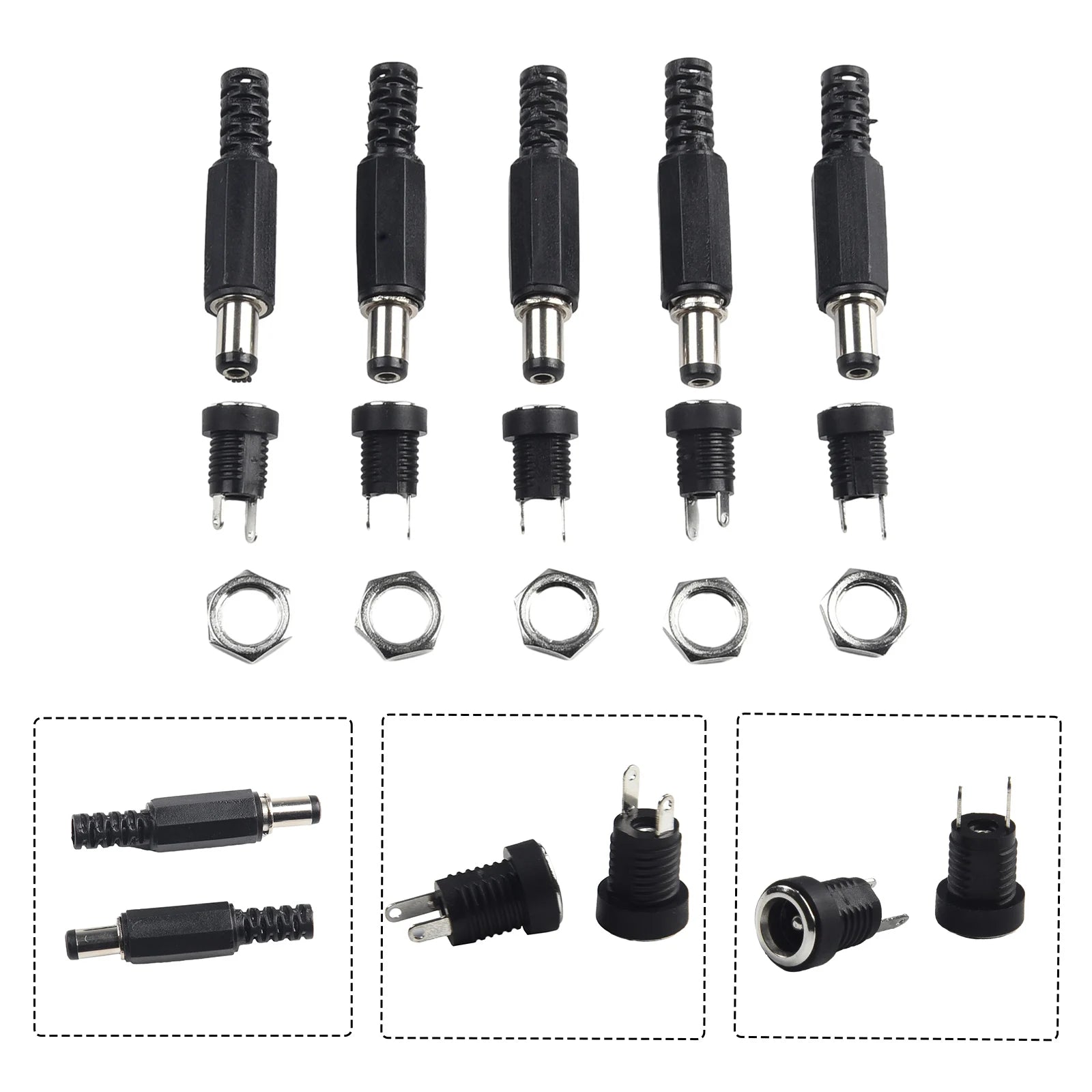 Zaarafy™ DC Power Connector Set – 5 Pairs 2.1mm x 5.5mm Male & Female Jack, 12V Panel Mount