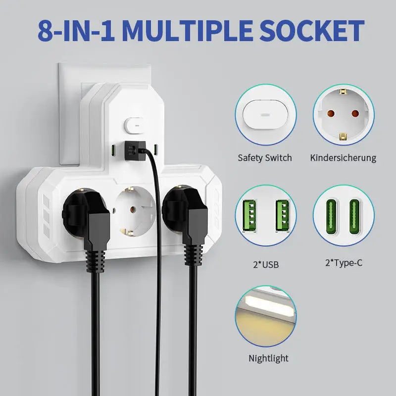 Zaarafy™ EU 4-Socket Outlet Extender with USB Type-C Ports – 2500W, CE Certified