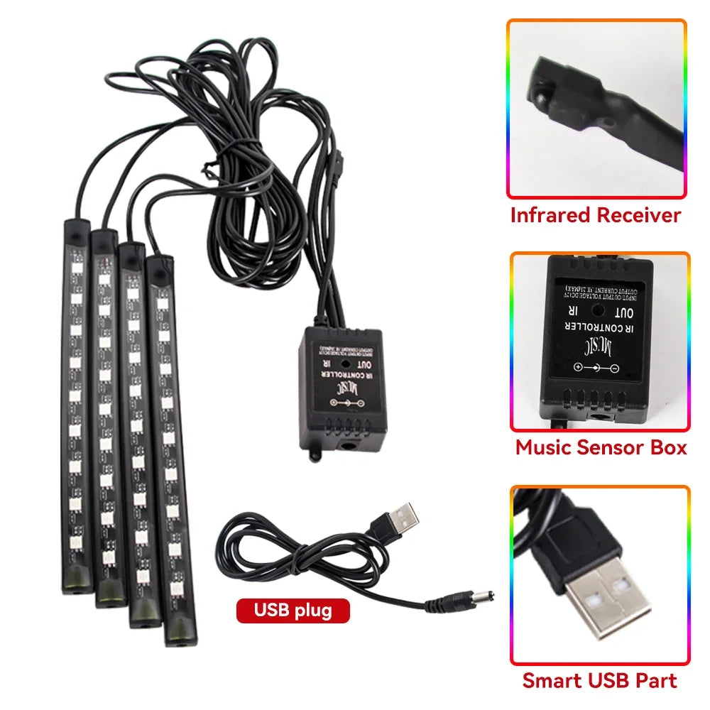 Zaarafy™ Car Interior RGB Neon Atmosphere Light – 36/48/72 LED, App & Remote Music Control