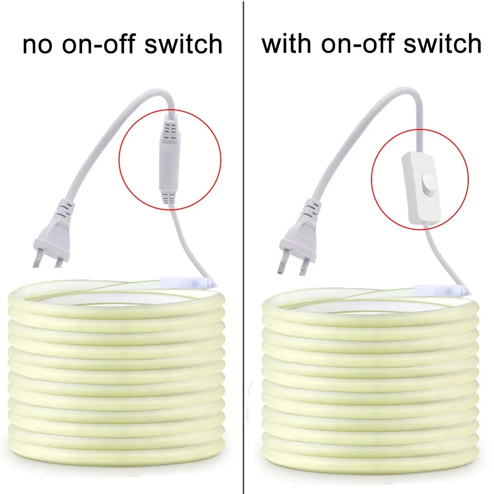 Zaarafy™ 220V COB LED Strip Light with ON/OFF Switch – Waterproof Flexible Ribbon for Home & Garden