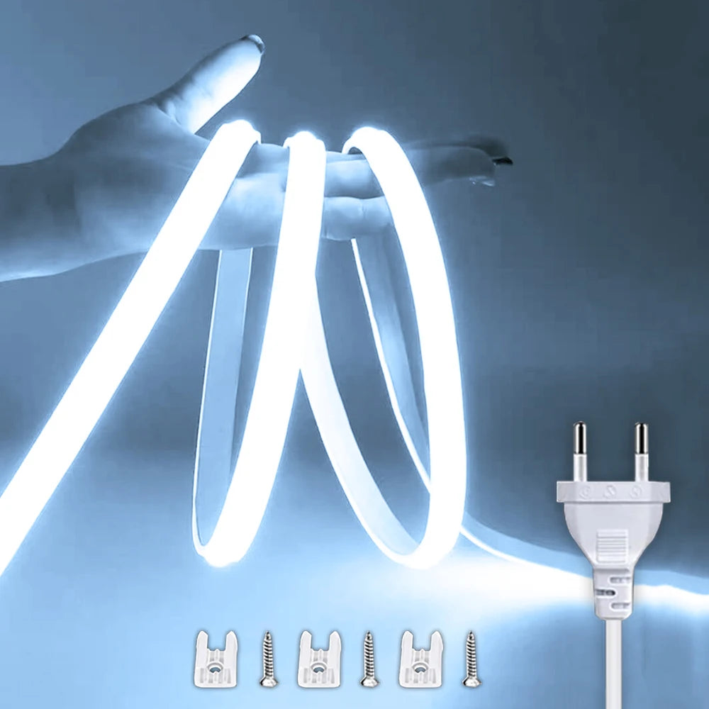 Zaarafy™ 220V COB LED Strip Light with ON/OFF Switch – Waterproof Flexible Ribbon for Home & Garden