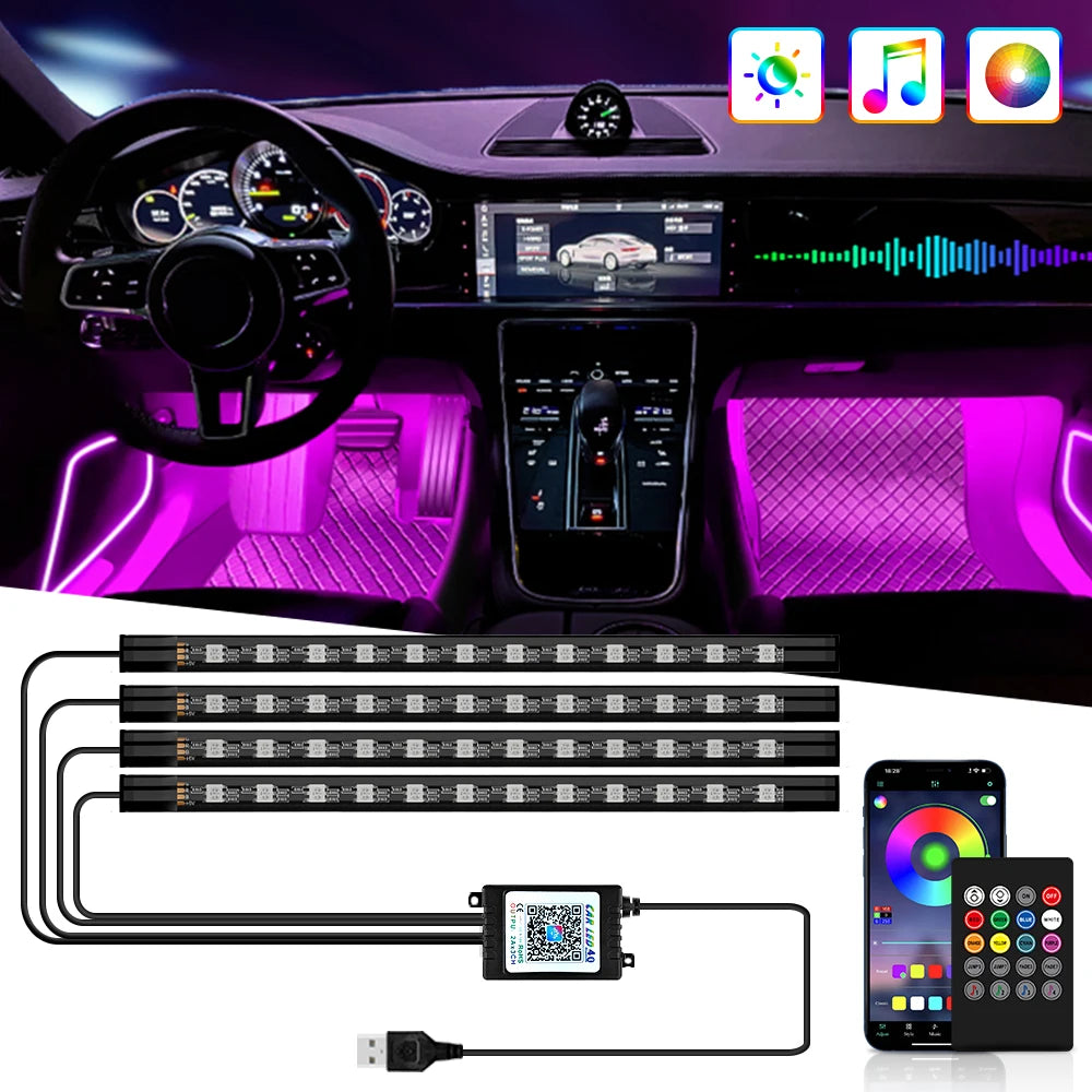 Zaarafy™ Car Interior RGB Neon Atmosphere Light – 36/48/72 LED, App & Remote Music Control