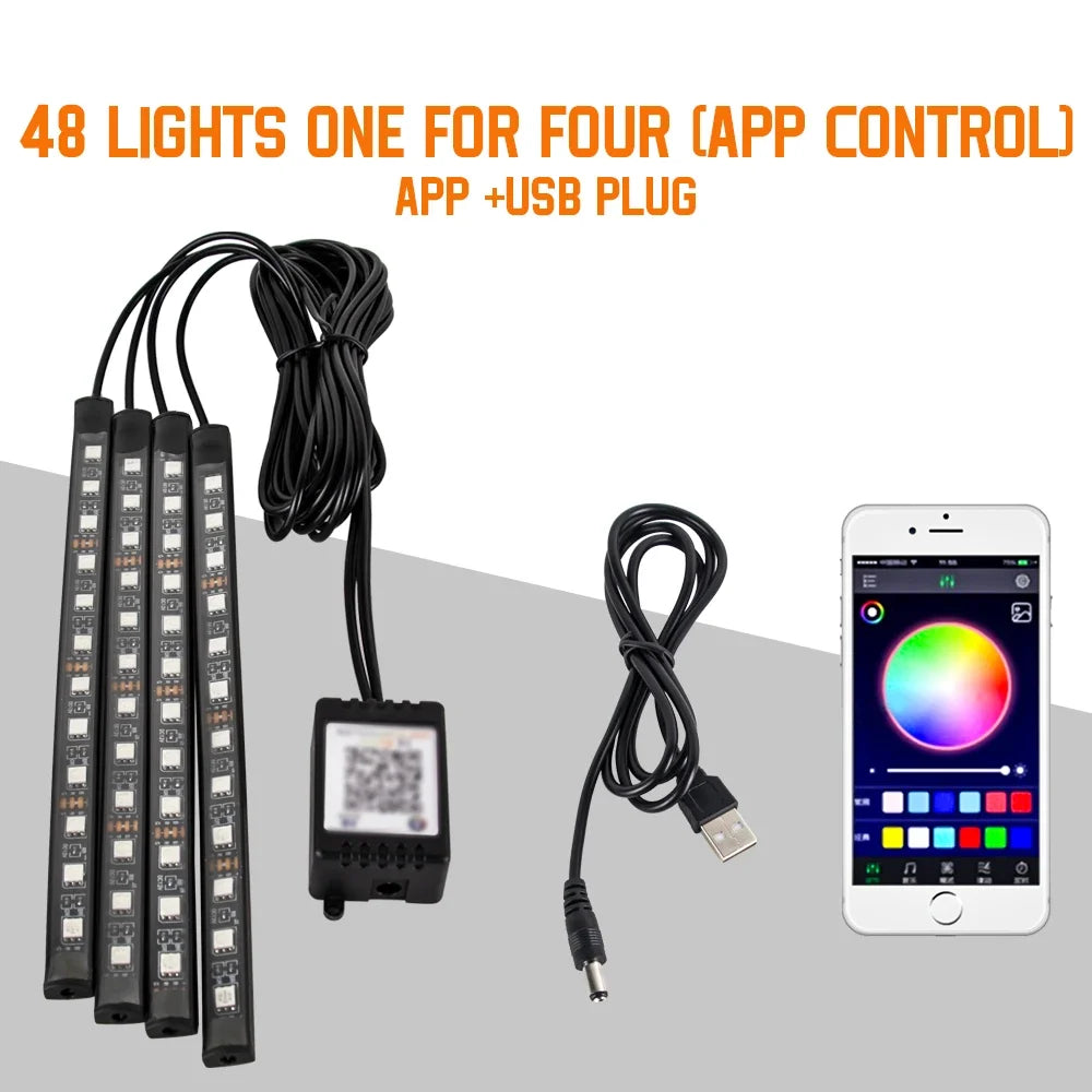 Zaarafy™ Car Interior RGB Neon Atmosphere Light – 36/48/72 LED, App & Remote Music Control
