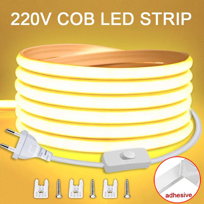 Zaarafy™ 220V COB LED Strip Light with ON/OFF Switch – Waterproof Flexible Ribbon for Home & Garden