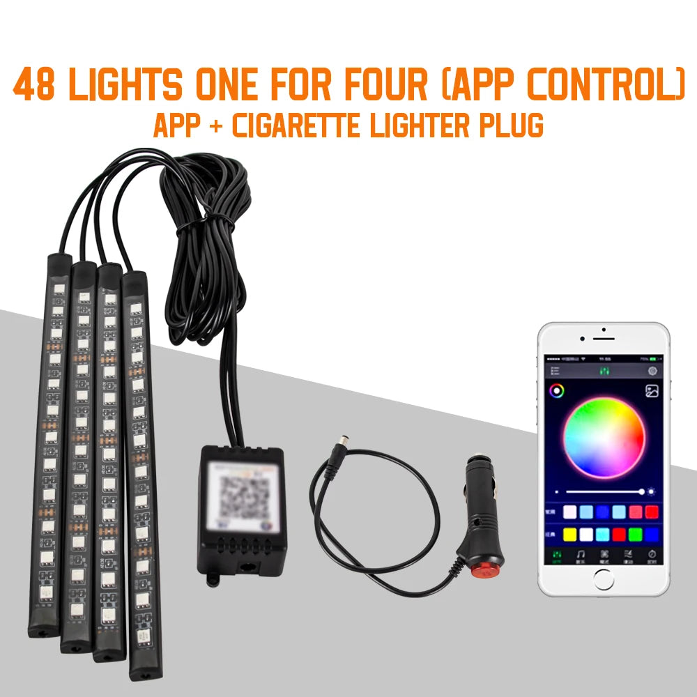 Zaarafy™ Car Interior RGB Neon Atmosphere Light – 36/48/72 LED, App & Remote Music Control