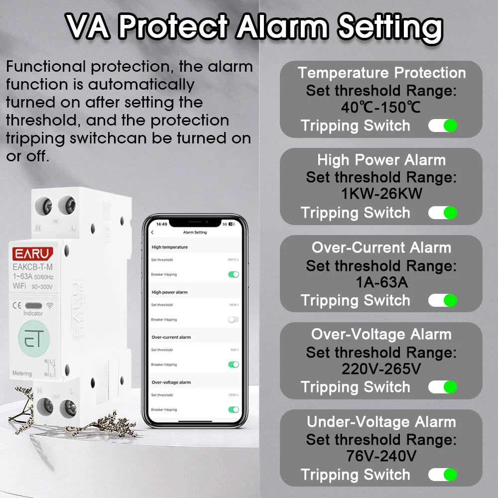 Zaarafy™ Tuya WiFi Smart Circuit Breaker – 63A 1P+N Timer, Energy Monitor, Voice Control Switch