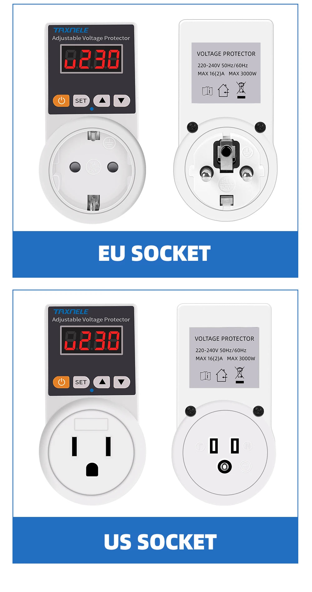 Zaarafy™ Automatic Voltage Protector Socket – 220V 16A Adjustable Surge Protector EU Plug for Refrigerator