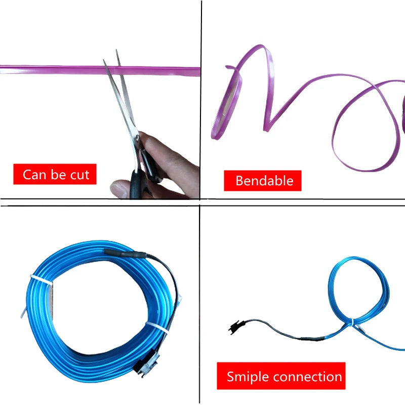 Zaarafy™ Car Interior EL Neon LED Strip – USB Powered, Flexible Ambient Light, 1M/3M/5M
