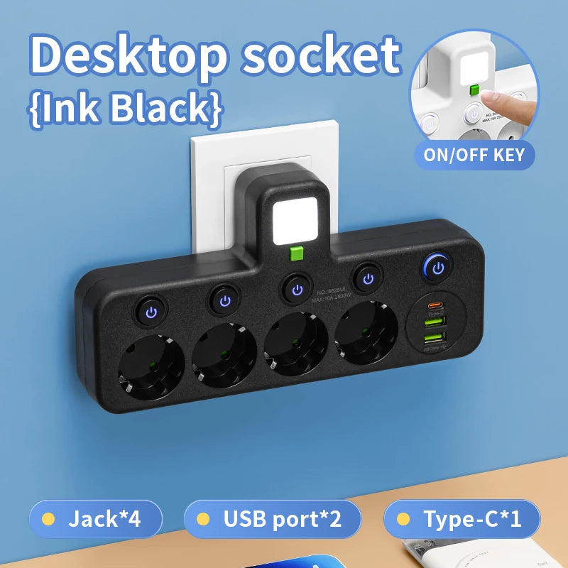 Zaarafy™ EU 4-Socket Outlet Extender with USB Type-C Ports – 2500W, CE Certified