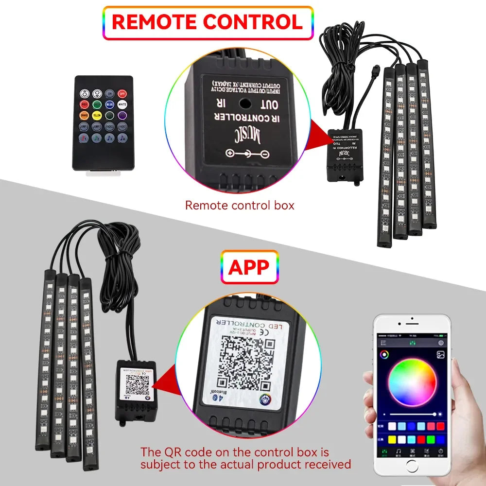 Zaarafy™ Car Interior RGB Neon Atmosphere Light – 36/48/72 LED, App & Remote Music Control