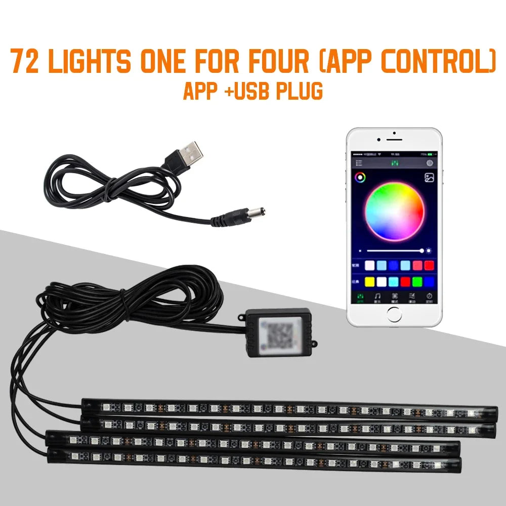 Zaarafy™ Car Interior RGB Neon Atmosphere Light – 36/48/72 LED, App & Remote Music Control