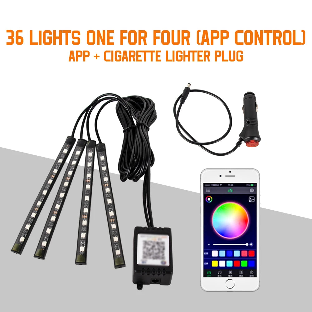 Zaarafy™ Car Interior RGB Neon Atmosphere Light – 36/48/72 LED, App & Remote Music Control