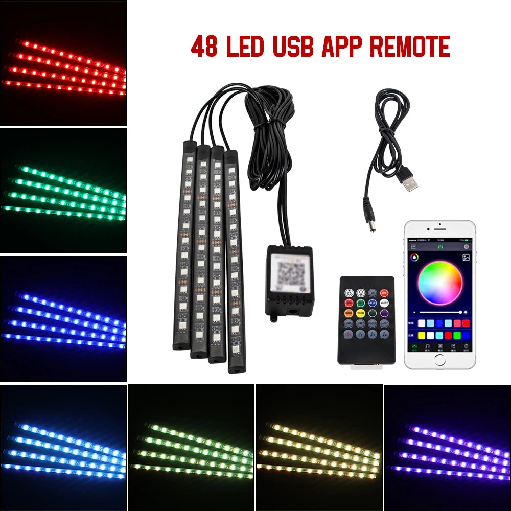 Zaarafy™ Car Interior RGB Neon Atmosphere Light – 36/48/72 LED, App & Remote Music Control