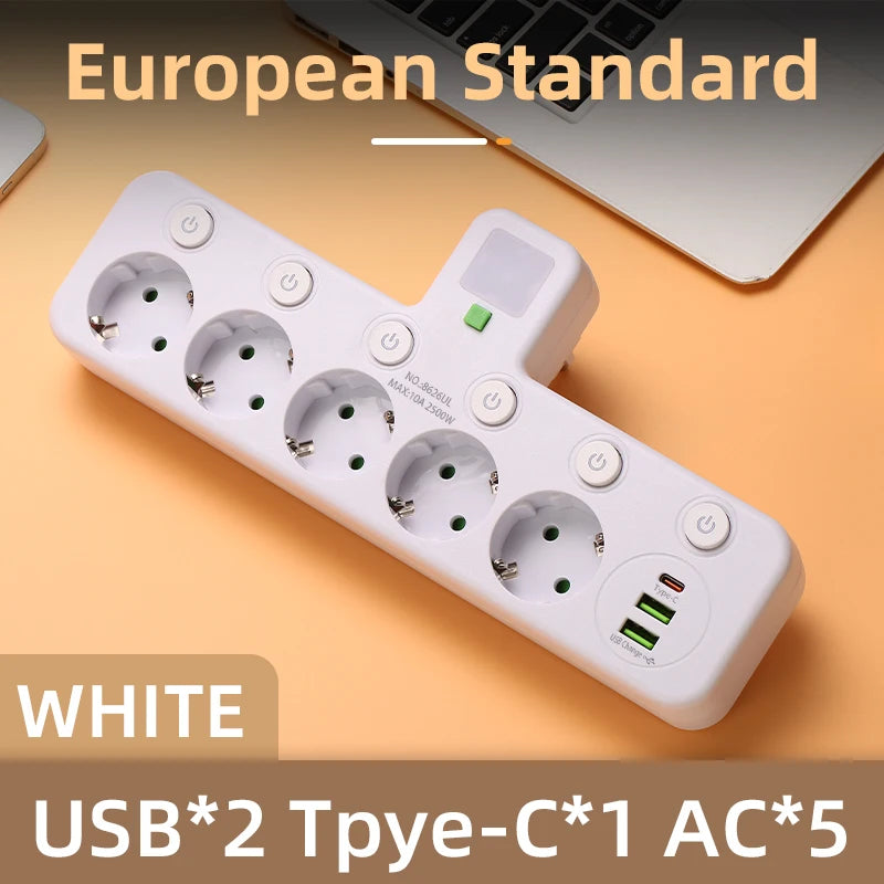 Zaarafy™ EU 4-Socket Outlet Extender with USB Type-C Ports – 2500W, CE Certified