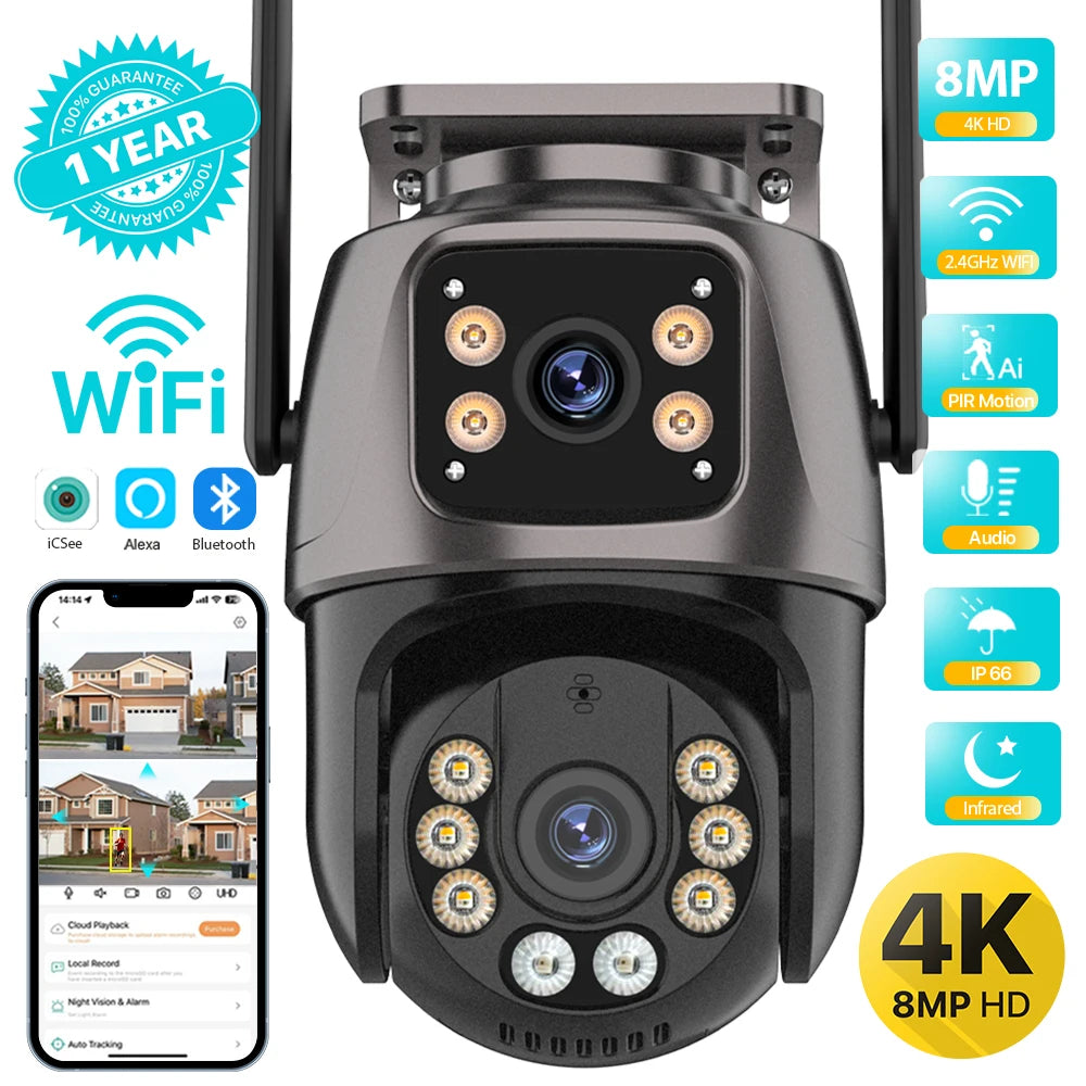 Zaarafy™ 4K 8MP WiFi PTZ Security Camera – Dual Lens, AI Auto Tracking, Outdoor CCTV