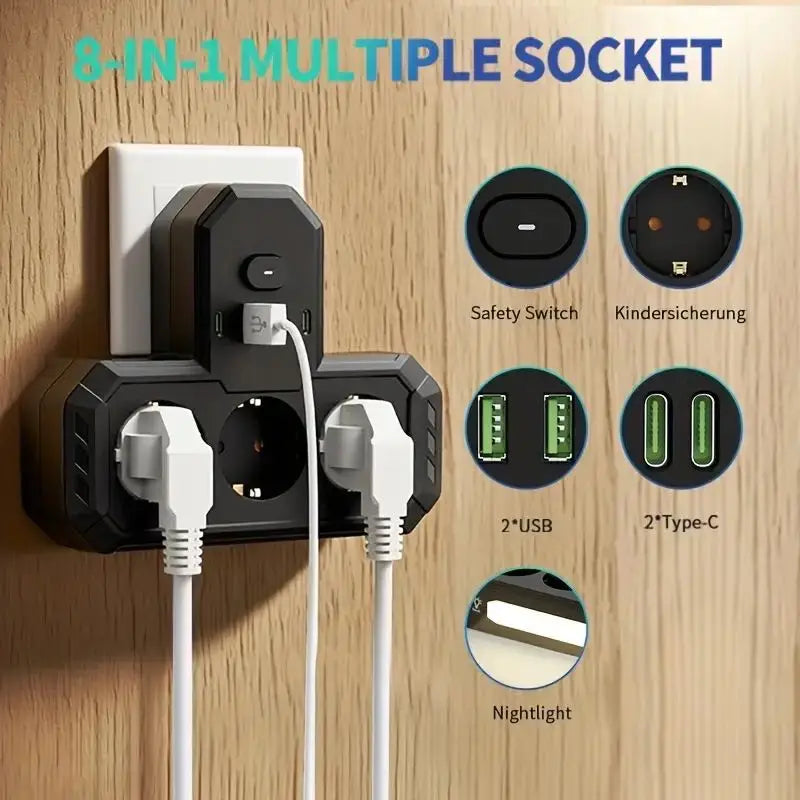 Zaarafy™ EU 4-Socket Outlet Extender with USB Type-C Ports – 2500W, CE Certified