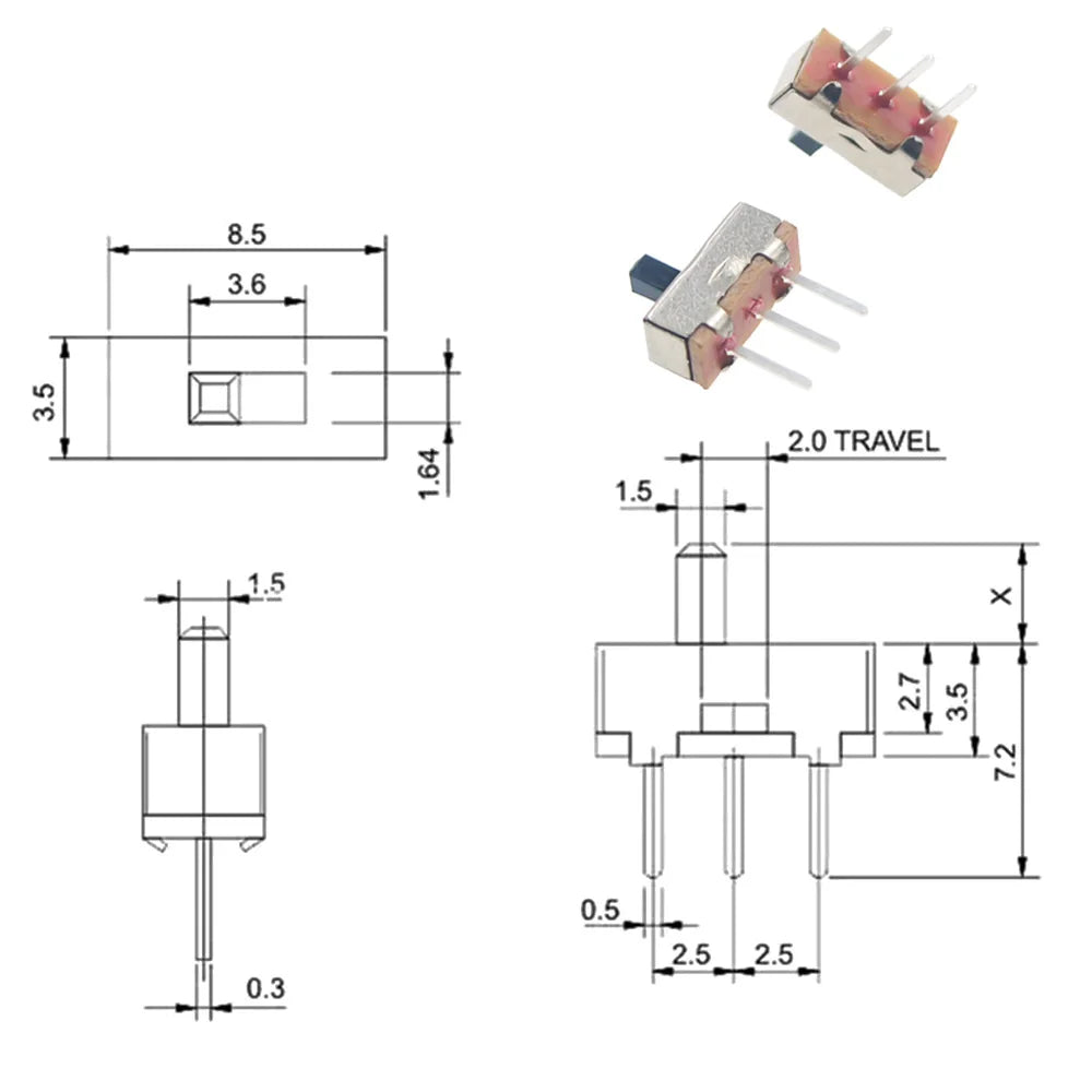 Zaarafy™ Mini Slide Switch SS12D00 – 20 Pcs, 3-Pin 1P2T, On/Off Toggle, 2mm–6mm Handle
