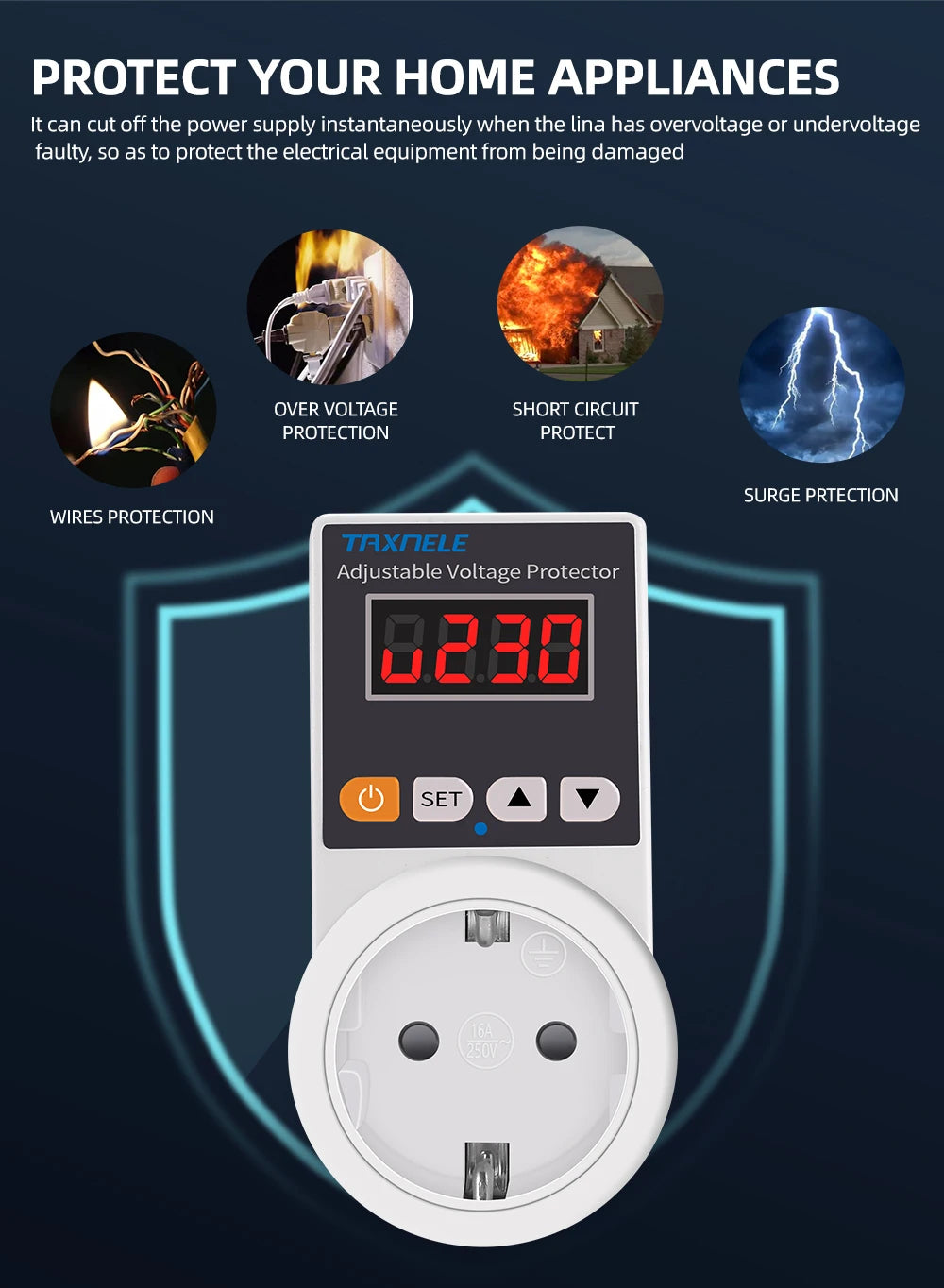 Zaarafy™ Automatic Voltage Protector Socket – 220V 16A Adjustable Surge Protector EU Plug for Refrigerator