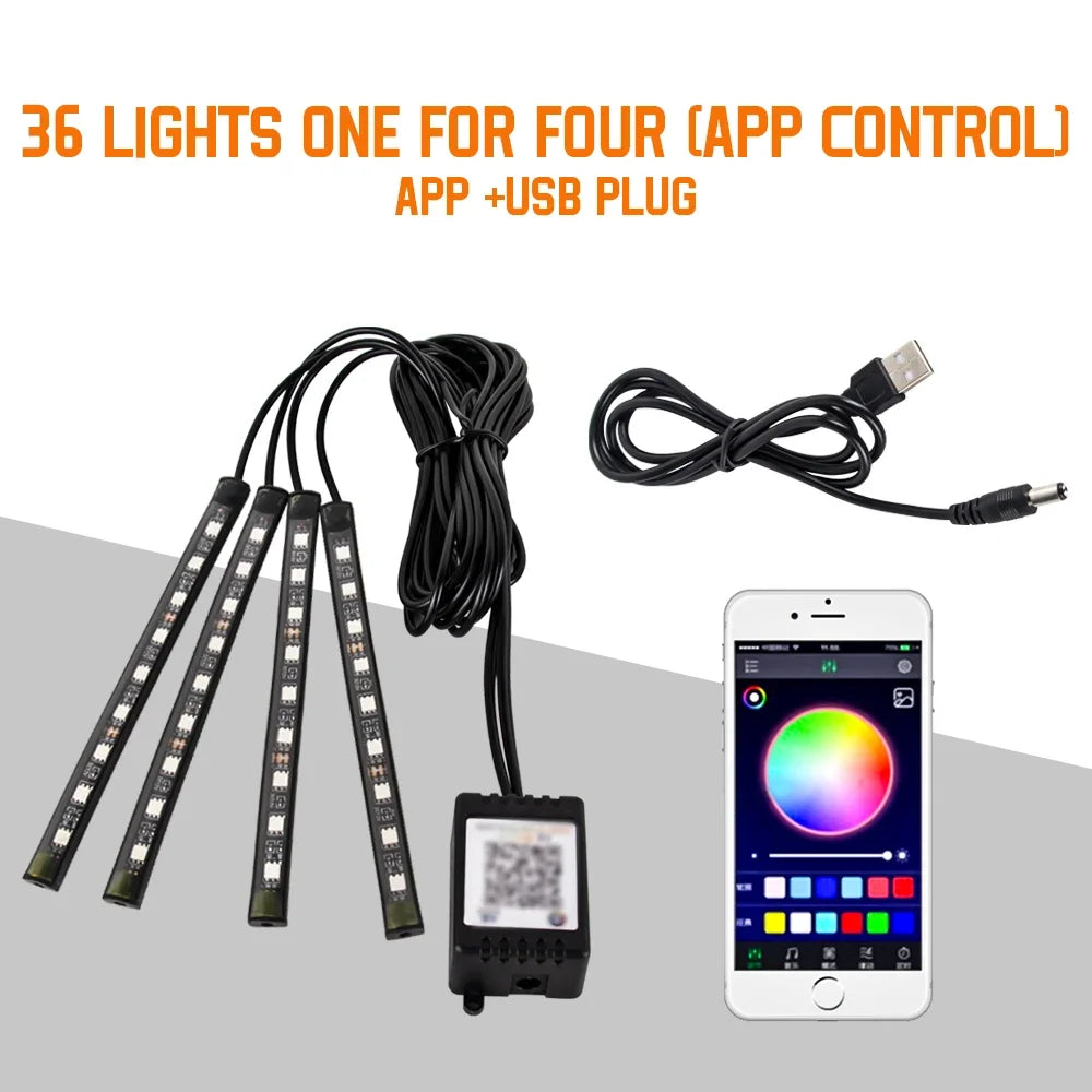 Zaarafy™ Car Interior RGB Neon Atmosphere Light – 36/48/72 LED, App & Remote Music Control
