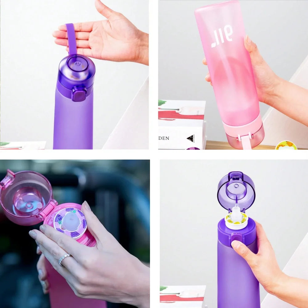 Zaarafy™ 800ml Scented Air Water Bottle – Fruit Flavor Pod, Straw, Flip Lid, Leak-Proof
