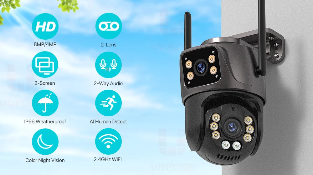 Zaarafy™ 4K 8MP WiFi PTZ Security Camera – Dual Lens, AI Auto Tracking, Outdoor CCTV