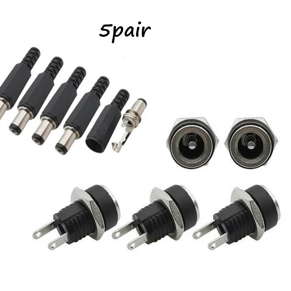 Zaarafy™ DC Power Connector Set – 5 Pairs 2.1mm x 5.5mm Male & Female Jack, 12V Panel Mount