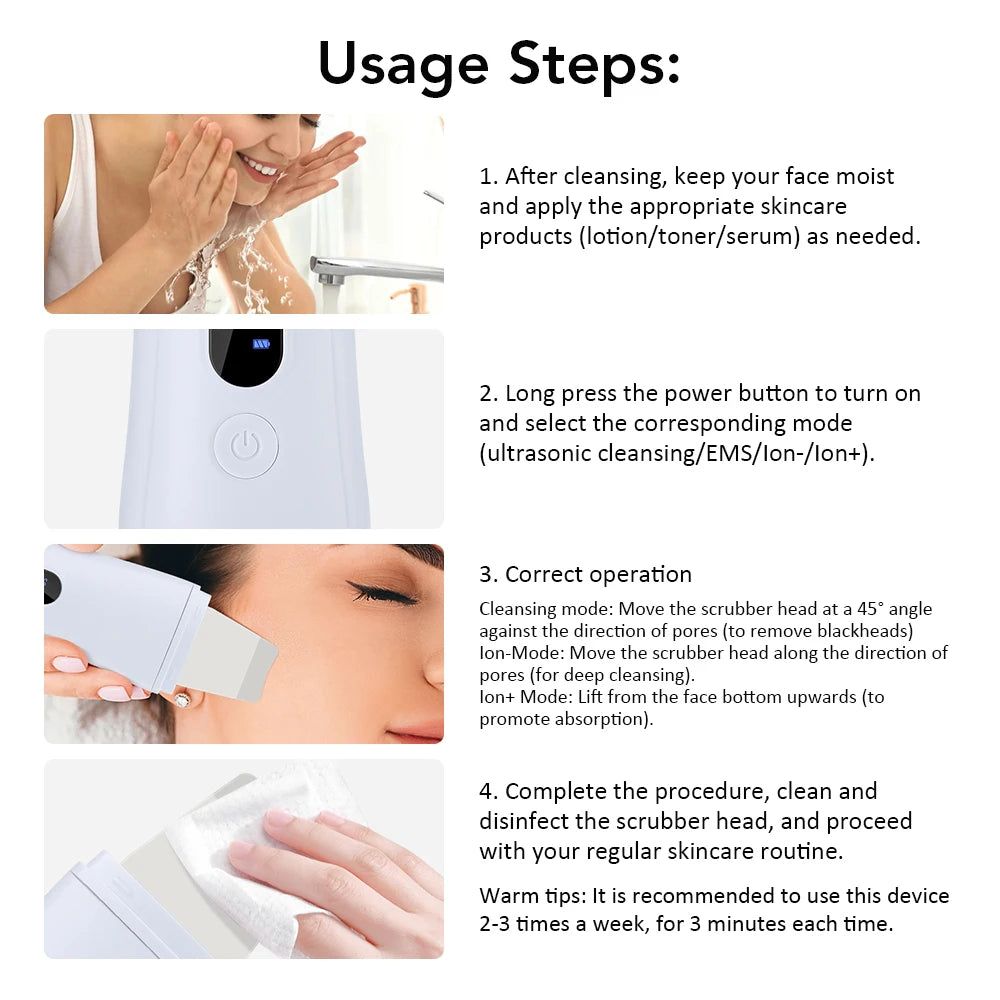Zaarafy™ Ultrasonic Skin Scrubber Spatula – 4-Mode Ion Deep Facial Cleansing & Lifting Device