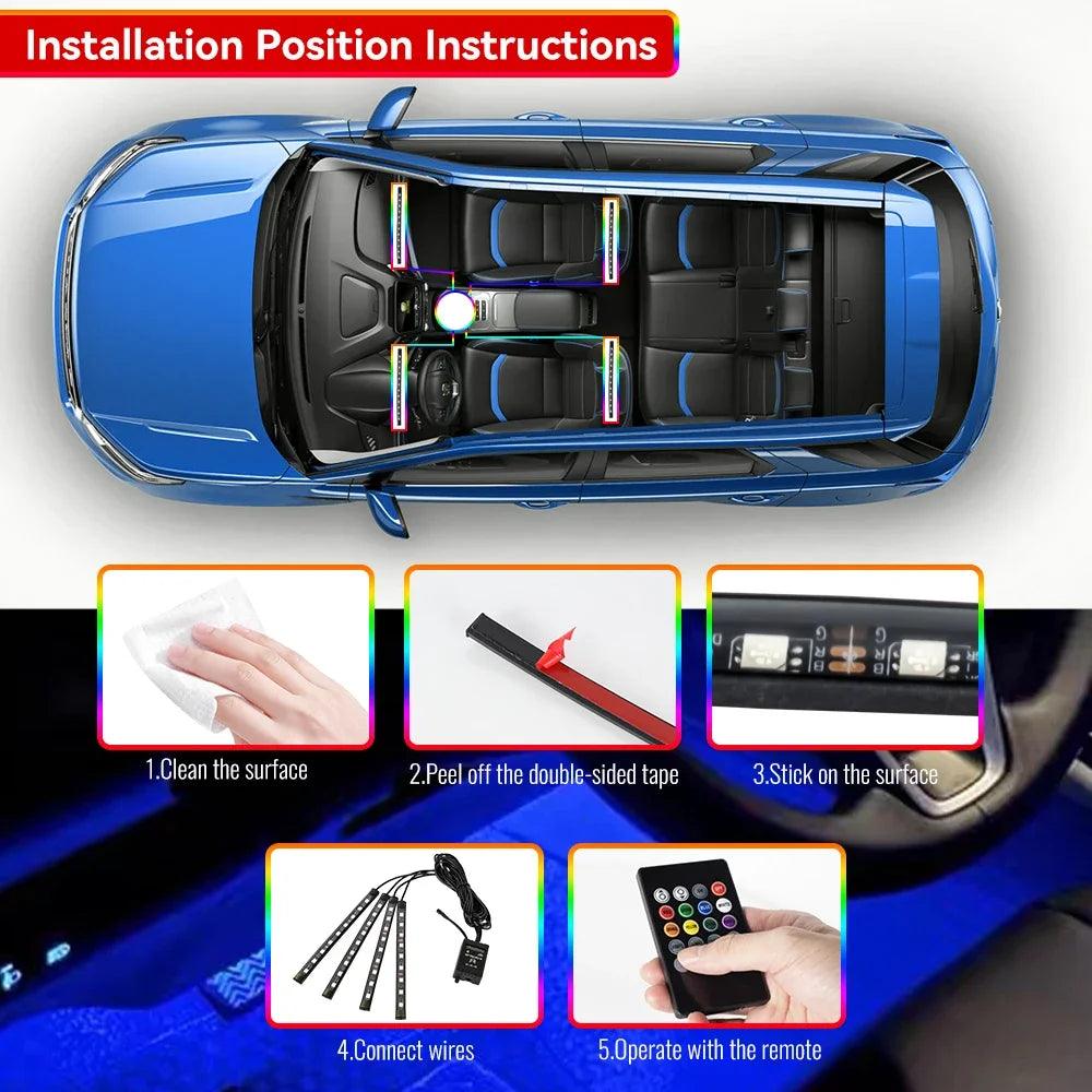 Zaarafy™ Car Interior RGB Neon Atmosphere Light – 36/48/72 LED, App & Remote Music Control