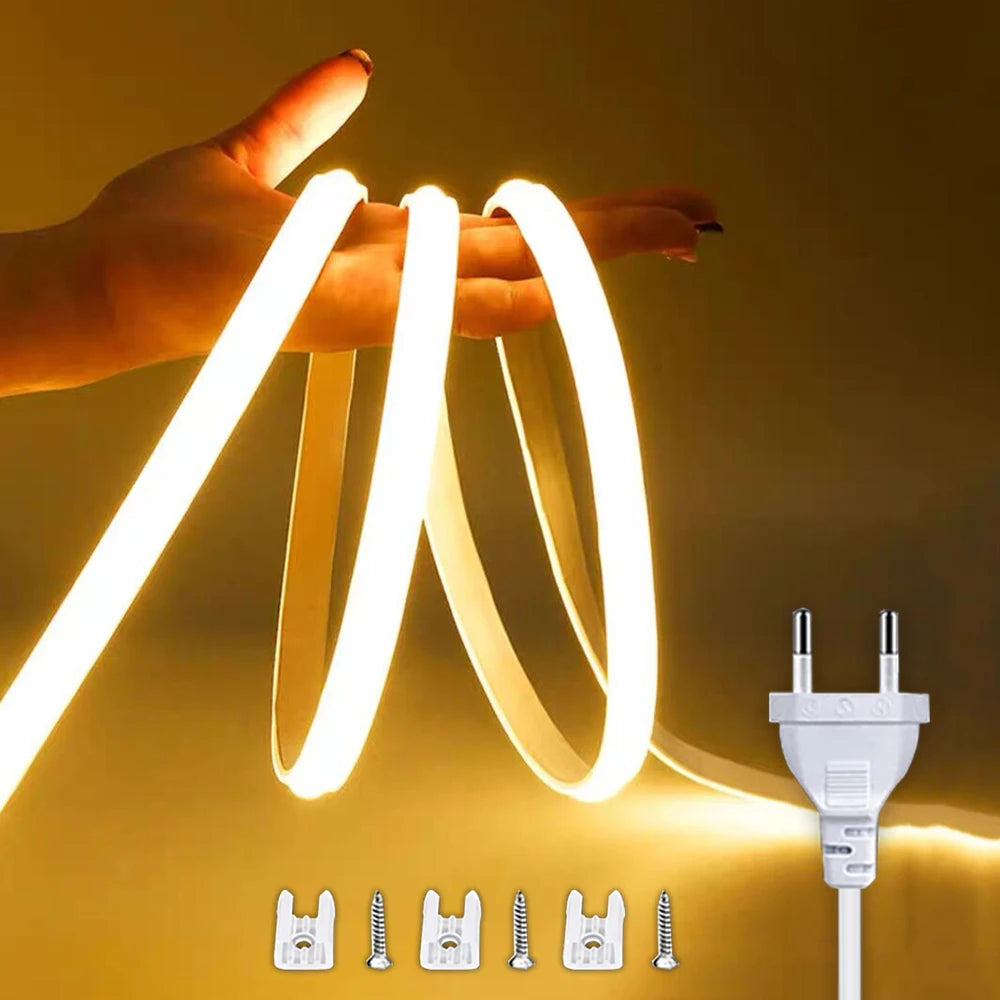 Zaarafy™ 220V COB LED Strip Light with ON/OFF Switch – Waterproof Flexible Ribbon for Home & Garden