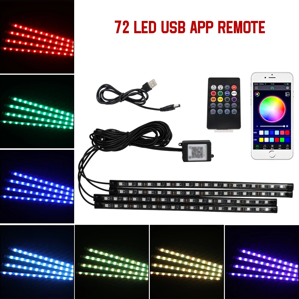 Zaarafy™ Car Interior RGB Neon Atmosphere Light – 36/48/72 LED, App & Remote Music Control