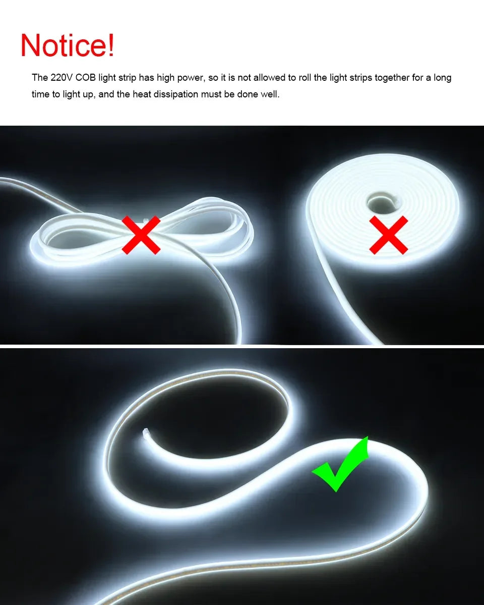 Zaarafy™ 220V COB LED Strip Light with ON/OFF Switch – Waterproof Flexible Ribbon for Home & Garden
