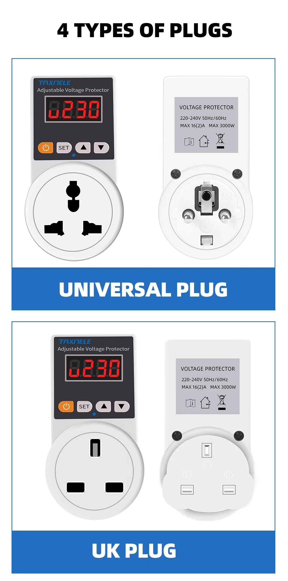 Zaarafy™ Automatic Voltage Protector Socket – 220V 16A Adjustable Surge Protector EU Plug for Refrigerator